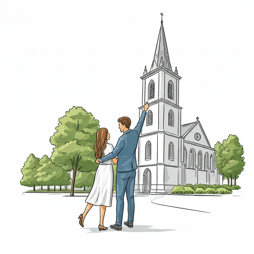 Ilustración de una pareja celebrando cerca de una iglesia